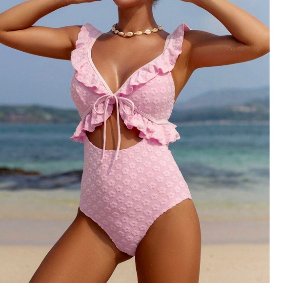 Floral Textured Print Plunging Neck Cut out Monokini One Piece Swimsuit - Picture 7 of 9